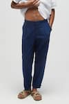 Shop_Terra Luna_Blue 100% Organic Handloom Oxford Cotton Solid Pleated Pant _at_Aza_Fashions