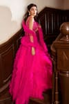 Shop_Nadine Dhody_Pink Tulle Sequins, Beads, Tassels Round Neck Chloe Ruffled Lehenga Set _at_Aza_Fashions