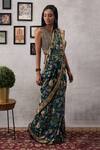 Shop_Soup By Sougat Paul_Green Crepe, Brocade Sequins, Mehr Printed Pre-draped Saree With Blouse _at_Aza_Fashions