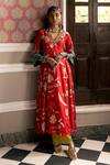 Shop_Rajiramniq_Red Dupatta Tissue, Kurta Silk, Palazzo Modal Floral Print, Panelled Set _at_Aza_Fashions