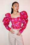 Shop_Joskai Studio_Pink Satin Printed Digital Sweetheart Neck Top _at_Aza_Fashions