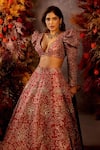 Shop_Mrunalini Rao_Red Raw Silk And Organza Rosette Handcrafted Bridal Lehenga Set  _at_Aza_Fashions