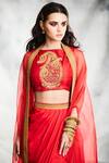 Shop_Tisha Saksena_Red Crop Top  Raw Silk Embroidery Zardozi Saro Draped Skirt Set _at_Aza_Fashions