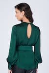 Shop_S&N by Shantnu Nikhil_Emerald Green Soda Satin Embellished Rivets High Neck Bishop Sleeve Top _at_Aza_Fashions