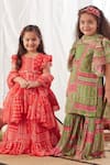 Shop_Vivedkids_Red Chiffon Block Print And Embroidered Floral Peplum Top Lehenga Set _at_Aza_Fashions