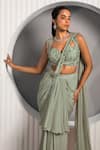 Shop_Jade By Ashima_Green Crepe Embroidery Floral Pre-draped Ruffle Saree With Ophelia Blouse _at_Aza_Fashions