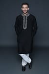 Sanjev Marwaaha_Black Cotton Silk Embroidered Resham Thread Work Mandarin Collar Kurta Set _Online_at_Aza_Fashions