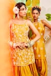 Shop_Mona And Vishu_Yellow Dupion Silk, Dupatta Organza Pearl Embroidered Kurta Tiered Sharara Set _at_Aza_Fashions