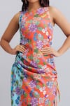 Nautanky_Orange Neoprene Printed Floral Round Sleeveless Dress  _at_Aza_Fashions