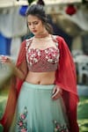 suruchi parakh_Maroon Embroidered Resham Sweetheart Neck Flared Sleeve Crop Top And Lehenga Set_Online_at_Aza_Fashions