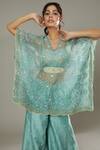 Shop_I am Design_Blue Raw Silk Hand Embroidered Floral Peppermint Candy Palazzo Set With Kaftan _at_Aza_Fashions