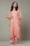 Shop_I Am Design_Pink Silk Organza Floral Appliques, Sequins Candy Floss Kaftan And Pant Set _at_Aza_Fashions