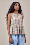Buy_The Summer House_Multi Color Handwoven Cotton Checkered Round Moy Peplum Top _Online_at_Aza_Fashions