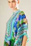Buy_Rajdeep Ranawat_Blue Silk Floral Mandarin Collar Manju Pattern Poncho Top  _Online_at_Aza_Fashions