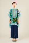 Buy_Rajdeep Ranawat_Blue Silk Floral Mandarin Collar Manju Pattern Poncho Top  