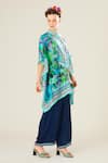 Shop_Rajdeep Ranawat_Blue Silk Floral Mandarin Collar Manju Pattern Poncho Top  