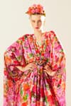 Rajdeep Ranawat_Coral Silk Printed V Neck Imama Front Embellished Kaftan  _at_Aza_Fashions