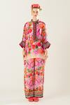 Rajdeep Ranawat_Coral Satin Embroidery Permaz Print Pant_Online_at_Aza_Fashions