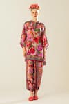 Rajdeep Ranawat_Coral Silk Mandarin Collar Ramona Floret Pattern Poncho Top  _Online_at_Aza_Fashions