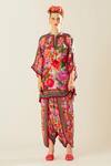 Buy_Rajdeep Ranawat_Coral Silk Mandarin Collar Ramona Floret Pattern Poncho Top  _Online_at_Aza_Fashions