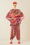 Shop_Rajdeep Ranawat_Coral Silk Mandarin Collar Ramona Floret Pattern Poncho Top  _Online_at_Aza_Fashions