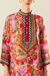 Shop_Rajdeep Ranawat_Coral Silk Printed Flower Band Collar Reza Kurta  