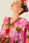 Rajdeep Ranawat_Coral Silk Printed V Neck Verusha Kaftan  _at_Aza_Fashions