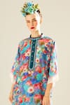 Shop_Rajdeep Ranawat_Blue Silk Pearls Bandeau Neck Ghazala Floral Print Long Tunic_Online_at_Aza_Fashions