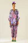 Rajdeep Ranawat_Purple Silk Floral Mandarin Collar Ramona Pattern Poncho Top  _Online_at_Aza_Fashions