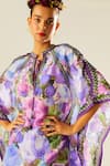 Rajdeep Ranawat_Purple Silk Floral Mandarin Collar Ramona Pattern Poncho Top  _at_Aza_Fashions