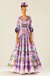 Rajdeep Ranawat_Purple Dupion Printed Flower V Neck Leela Lehenga And Poncho Set  _Online_at_Aza_Fashions