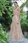 Geisha Designs_Beige Embroidered Gown With Belt  _Online_at_Aza_Fashions