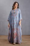 Torani_Blue Pure Linen Bird, Chintz Round Samsara Aarfa Kaftan _Online_at_Aza_Fashions