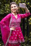 Gopi Vaid_Pink Tunic And Sharara Cotton Silk Dupatta Net V Neck Peplum Set _at_Aza_Fashions