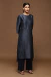 Shop_Oja_Blue Kurta And Stole Handloom Silk, Pant Textured Leaf, Fish Set _at_Aza_Fashions