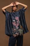 Shop_Oja_Blue Kaftan Tunic Handloom Silk, Pant Textured Leaf, Fish And Set _at_Aza_Fashions