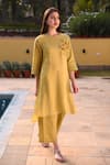 Shop_Linen Bloom_Yellow 100% Linen Round Hand Embroidered Kurta _Online_at_Aza_Fashions