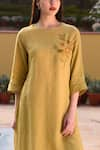 Linen Bloom_Yellow 100% Linen Round Hand Embroidered Kurta _at_Aza_Fashions