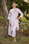 Buy_Linen Bloom_Grey 100% Linen Round Hand Embroidered Asymmetric Kurta _Online_at_Aza_Fashions