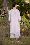 Shop_Linen Bloom_Grey 100% Linen Round Hand Embroidered Asymmetric Kurta _at_Aza_Fashions