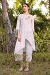 Shop_Linen Bloom_Grey 100% Linen Round Hand Embroidered Asymmetric Kurta _Online_at_Aza_Fashions