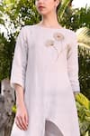 Linen Bloom_Grey 100% Linen Round Hand Embroidered Asymmetric Kurta _at_Aza_Fashions