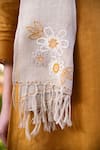 Shop_Linen Bloom_Beige Embroidery, Tassels Linen Scarf _Online_at_Aza_Fashions