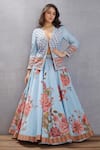 Buy_Torani_Blue Cotton Silk, Handwoven Chanderi Chintz Jacket Samsara Gooncha Lehenga Set _at_Aza_Fashions