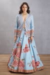 Torani_Blue Cotton Silk, Handwoven Chanderi Chintz Jacket Samsara Gooncha Lehenga Set _Online_at_Aza_Fashions