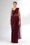 Mani Bhatia_Maroon Net Blouse Sweetheart Cape Round Embroidered Organza Saree Set With _Online_at_Aza_Fashions