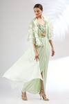 Buy_Mani Bhatia_Green Georgette, Organza Satin Blouse Sweetheart Cape Pre-draped Saree And _at_Aza_Fashions