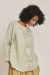 Buy_Eka_Green Linen Round Embroidered Top  _at_Aza_Fashions