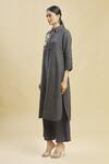 Shop_Linen Bloom_Blue 100% Linen Shirt Collar Checkered Tunic For Women_Online_at_Aza_Fashions