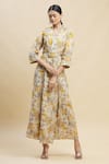 Buy_Linen Bloom_Yellow 100% Linen V Neck Printed Dress _at_Aza_Fashions